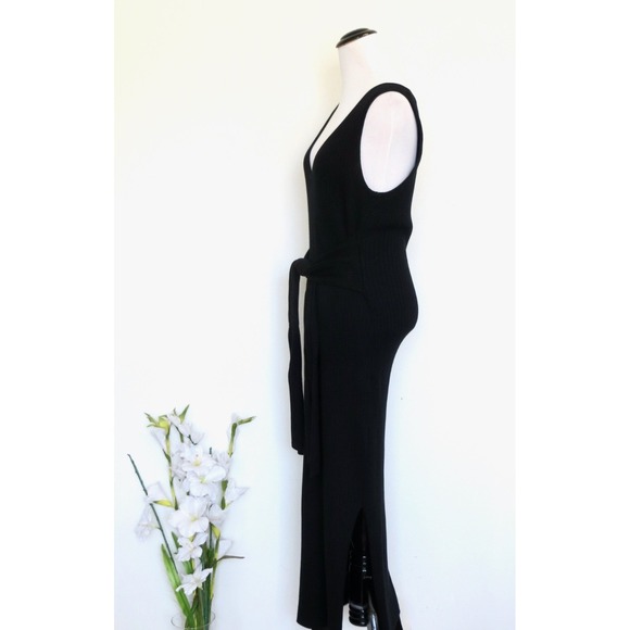 NEW! Good American Ribbed Knit Tie Waist Midi Dress Sleeveless Black SZ 4 - Picture 8 of 12